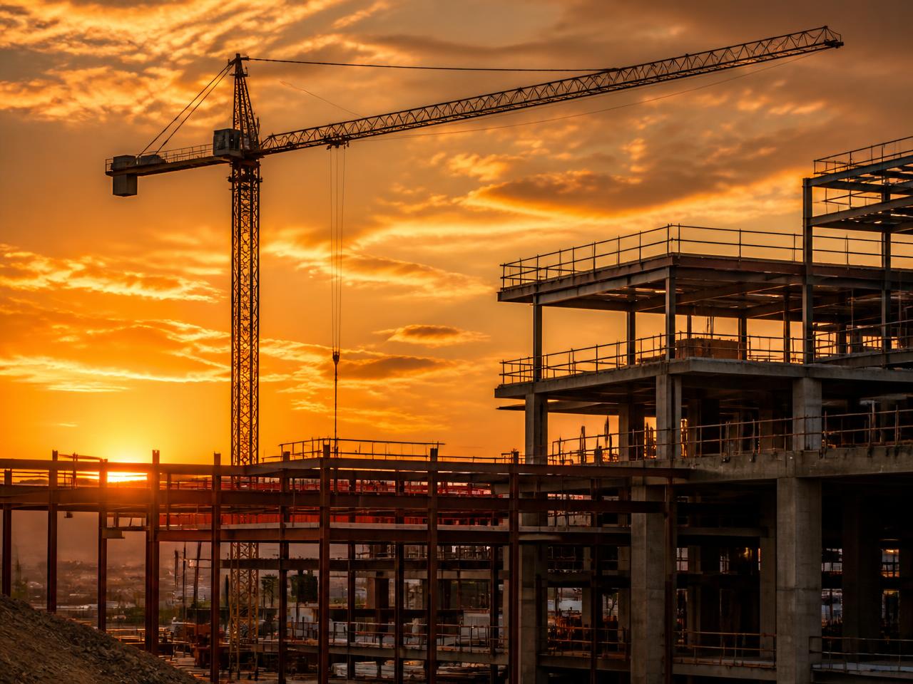 Obra de construção civil ao pôr do sol